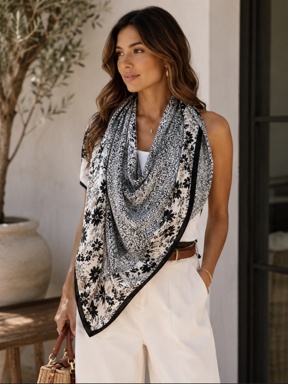 ShopEvelynne Black and Cream Floral Border Scarf